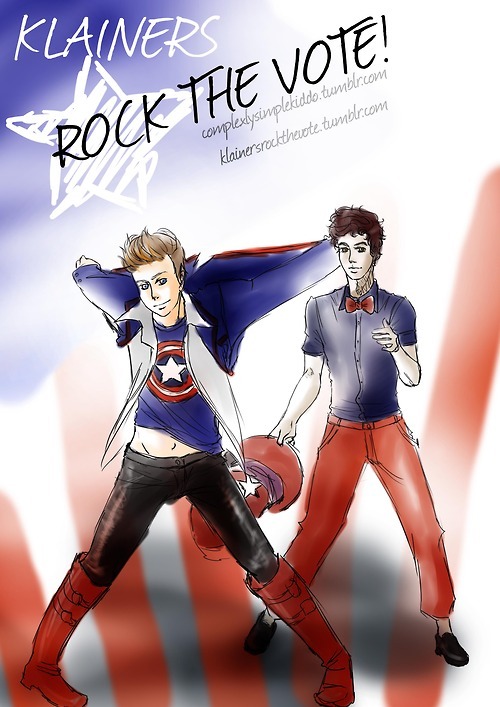 klainersrockthevote:
from the artist:
I wanted to do something more serious, but Blaine insisted that the best way to promote the importance of voting was through cosplay. Kurt said that there was nothing more patriotic than the Dalton blazer (which, we know he loves), and then he stole Blaine’s Capitan America t-shirt. Blaine had no choice but to try with colors alone, since the t-shirt was going to be his idea, but we all know he can’t say no to Kurt.
And then, since it’s ‘rock the vote’, they went and tried to do their best Elvis impersonation. Personally, I think Blaine’s closer, but Kurt gets bonus points for energy.
Klainers Rock The Vote is reminding you to register to vote if you haven’t already! If you have registered please remember to ask your friends, roommates, family, and random strangers even if they have! Voter registration deadlines are approaching!
Thank you to complexlysimplekiddo for this awesome artwork! As always if anyone writes a drabble to this art work, let us know :)
Register to Vote Here